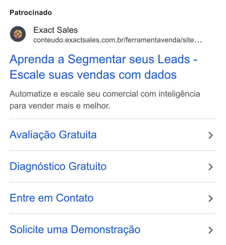 Exact Sales ad on Google Ads: Patrocinado Aprenda a Segmentar seus Leads - Escale suas vendas com dados Automatize e escale seu comercial com inteligéncia para vender mais e melhor. Avaliagao Gratuita Diagnostico Gratuito Entre em Contato Solicite una Demonstragao