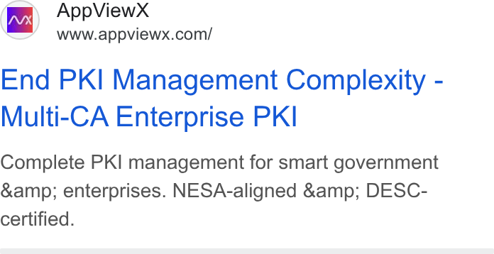 AppViewX ad on Google Ads: End PKI Management Complexity - Multi-CA Enterprise PKI Complete PKI management for smart government &amp; enterprises. NESA-aligned &amp; DESC- certified.