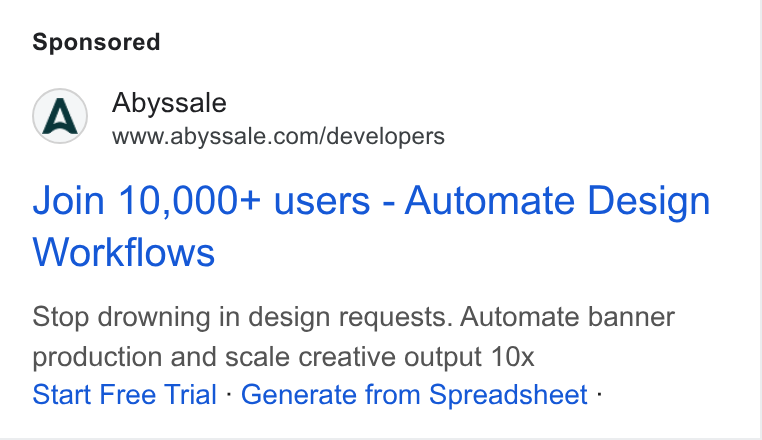 Abyssale ad on Google Ads: Join 10,000+ users - Automate Design Workflows Stop drowning in design requests. Automate banner production and scale creative output 10x Start Free Trial - Generate from Spreadsheet -