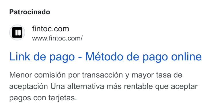 Fintoc ad on Google Ads: www.fintoc.com/ Link de pago - Método de pago online Menor comision por transaccion y mayor tasa de aceptacion Una alternativa mas rentable que aceptar pagos con tarjetas.
