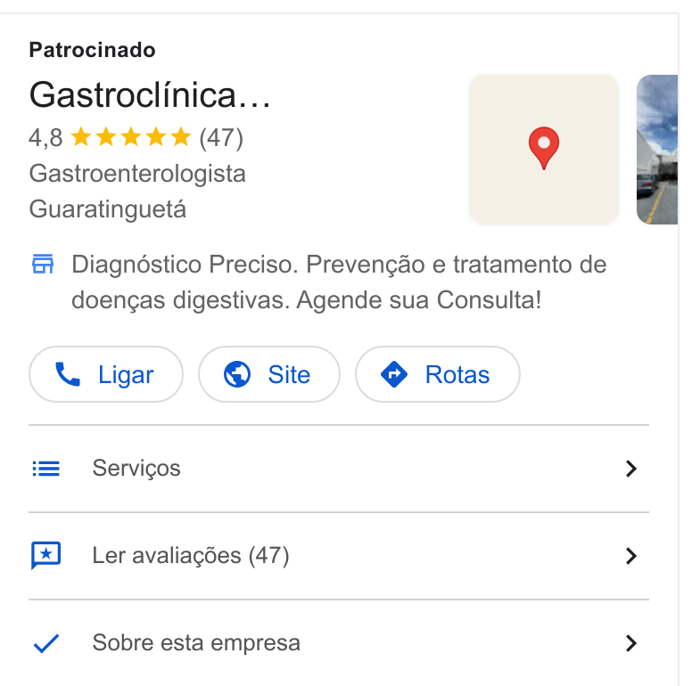 Amplimed ad on Google Ads: Patrocinado Gastroclinica... Gastroenterologista Guaratingueta fi Diagnéstico Preciso. Preveng& o e tratamento de doengas digestivas. Agende sua Consulta! (© tise) (© ste) (@ Rote ) i= ~—-Servicos > Ler avaliacdes (47) > Sobre esta empresa >