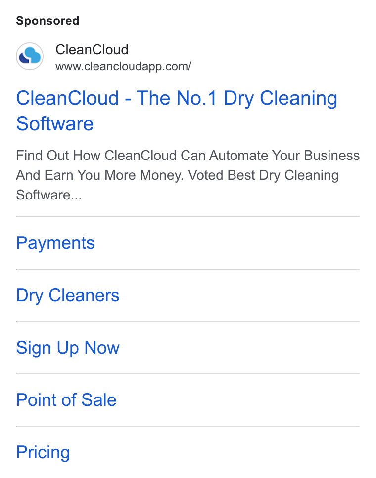 CleanCloud ad on Google Ads: Clean Cloud - The No.1 Dry Cleaning Software Find Out How Clean Cloud Can Automate Your Business And Earn You More Money. Voted Best Dry Cleaning Software... Payments Dry Cleaners Sign Up Now Point of Sale Pricing
