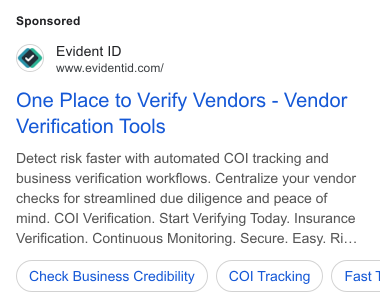 Evident ad on Google Ads: One Place to Verify Vendors - Vendor Verification Tools Detect risk faster with automated COI tracking and business verification workflows. Centralize your vendor checks for streamlined due diligence and peace of mind. COI Verification. Start Verifying Today. Insurance Verification. Continuous Monitoring. Secure. Easy. Ri... Check Business Credibility COI Tracking }) ( Fast1
