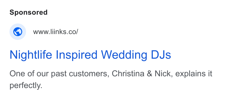 EMR USA ad on Google Ads: Nightlife Inspired Wedding DJs One of our past customers, Christina & Nick, explains it perfectly.