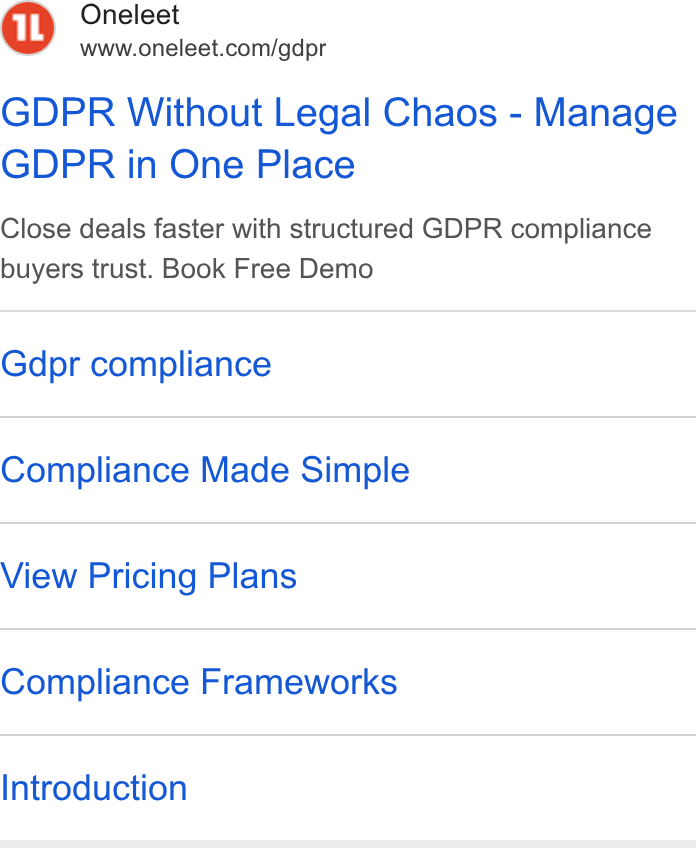 Oneleet ad on Google Ads: GDPR Without Legal Chaos - Manage GDPR in One Place Close deals faster with structured GDPR compliance buyers trust. Book Free Demo Gdpr compliance Compliance Made Simple View Pricing Plans Compliance Frameworks Introduction