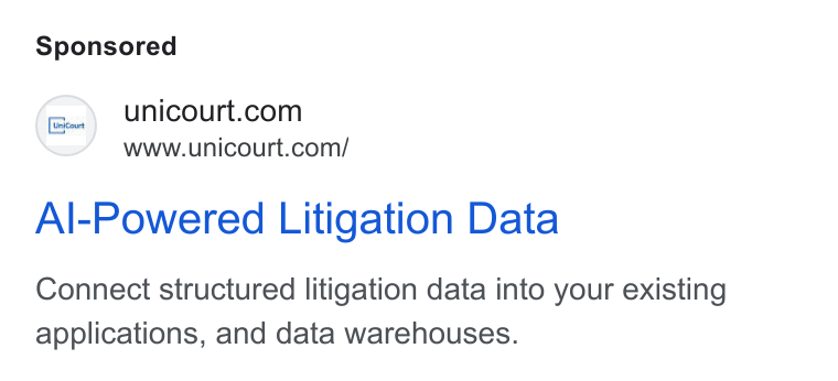 UniCourt ad on Google Ads: www.unicourt.com/ Al-Powered Litigation Data Connect structured litigation data into your existing applications, and data warehouses.