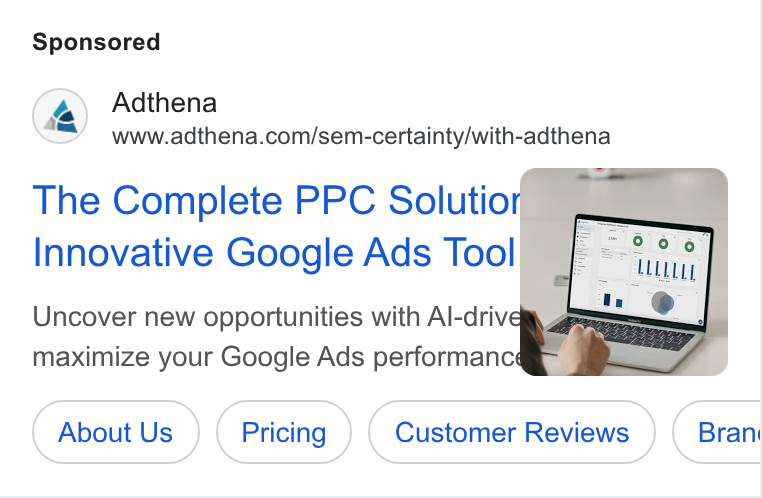 Adthena ad on Google Ads: The Complete PPC Solutior Innovative Google Ads Tool Uncover new opportunities with Al-drive maximize your Google Ads performance