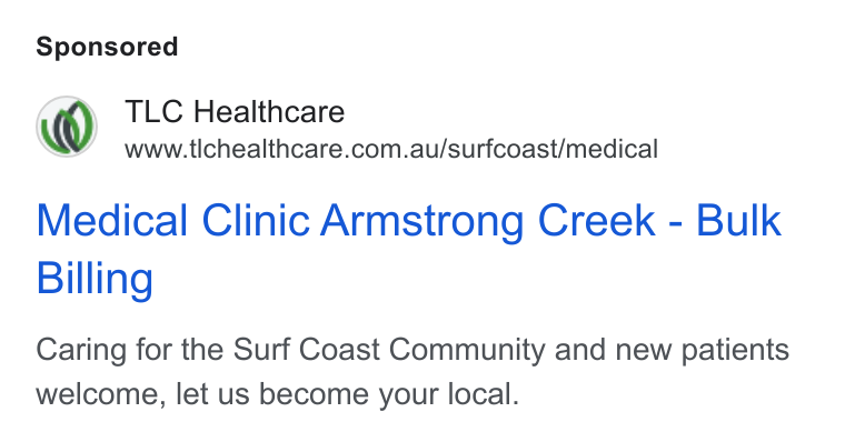 HotDoc ad on Google Ads: Medical Clinic Armstrong Creek - Bulk Billing Caring for the Surf Coast Community and new patients welcome, let us become your local.