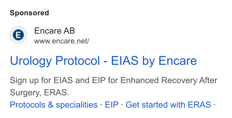 Encare ad on Google Ads: Urology Protocol - EIAS by Encare Sign up for EIAS and EIP for Enhanced Recovery After Surgery, ERAS. Protocols & specialities - EIP - Get started with ERAS -