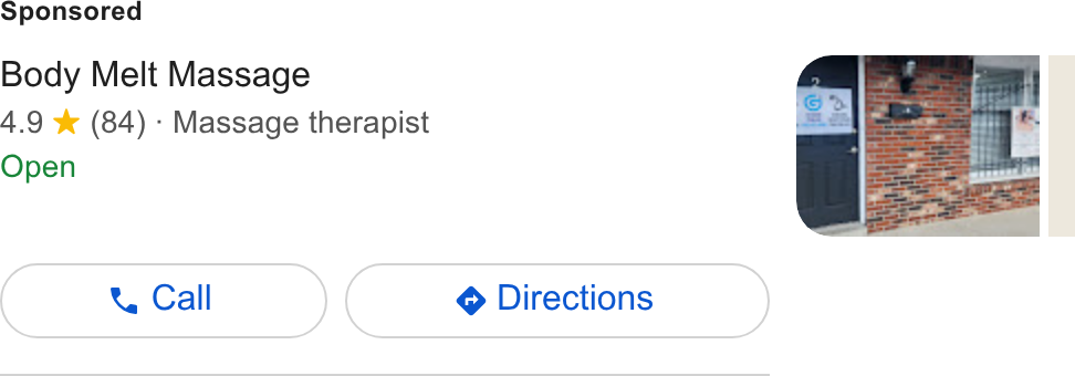 PocketSuite ad on Google Ads: Body Melt Massage 4.9 % (84) - Massage therapist Open
