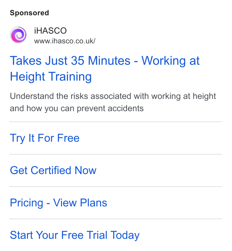 iHasco ad on Google Ads: Takes Just 35 Minutes - Working at Height Training Understand the risks associated with working at height and how you can prevent accidents Try It For Free Get Certified Now Pricing - View Plans Start Your Free Trial Today