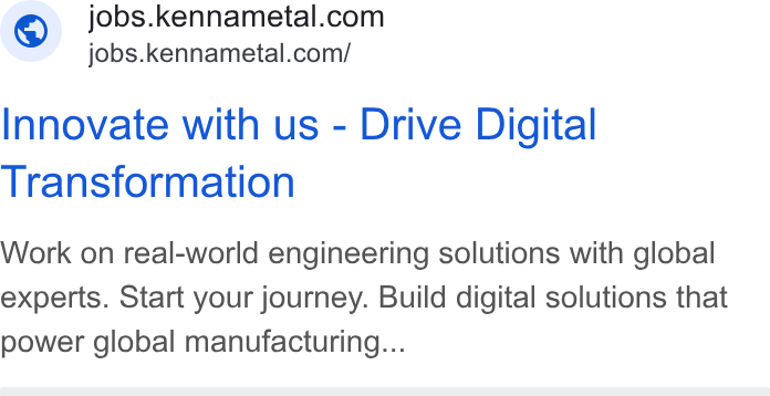 Kennametal ad on Google Ads: jobs.kennametal.com/ Innovate with us - Drive Digital Transformation Work on real-world engineering solutions with global experts. Start your journey. Build digital solutions that power global manufacturing...