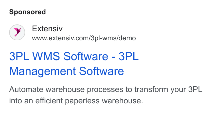 Extensiv ad on Google Ads: 3PL WMS Software - 3PL Management Software Automate warehouse processes to transform your 3PL into an efficient paperless warehouse.