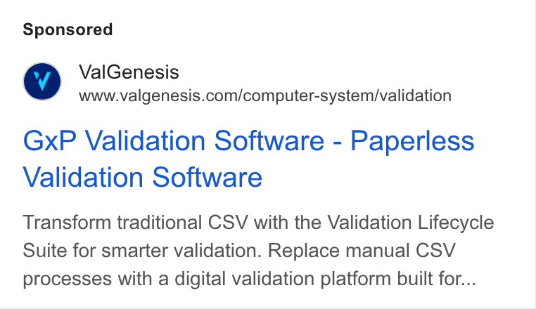 ValGenesis ad on Google Ads: Gx P Validation Software - Paperless Validation Software Transform traditional CSV with the Validation Lifecycle Suite for smarter validation. Replace manual CSV processes with a digital validation platform built for...
