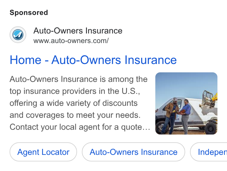 Auto-Owners Insurance ad on Google Ads: Home - Auto-Owners Insurance Auto-Owners Insurance is among the top insurance providers in the U. S., offering a wide variety of discounts and coverages to meet your needs. Contact your local agent for a quote... Agent Locator Auto-Owners Insurance } ( Indepen