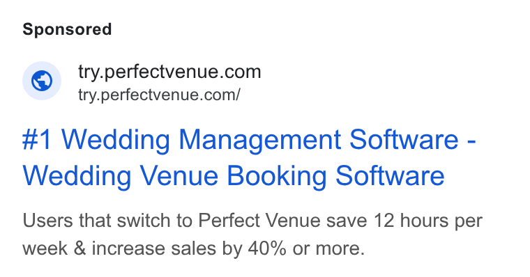 Perfect Venue ad on Google Ads: try.perfectvenue.com/ #1 Wedding Management Software - Wedding Venue Booking Software Users that switch to Perfect Venue save 12 hours per week & increase sales by 40% or more.