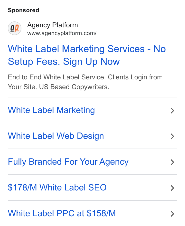 Agency Platform ad on Google Ads: White Label Marketing Services - No Setup Fees. Sign Up Now End to End White Label Service. Clients Login from Your Site. US Based Copywriters. White Label Marketing White Label Web Design Fully Branded For Your Agency $178/M White Label SEO White Label PPC at $158/M