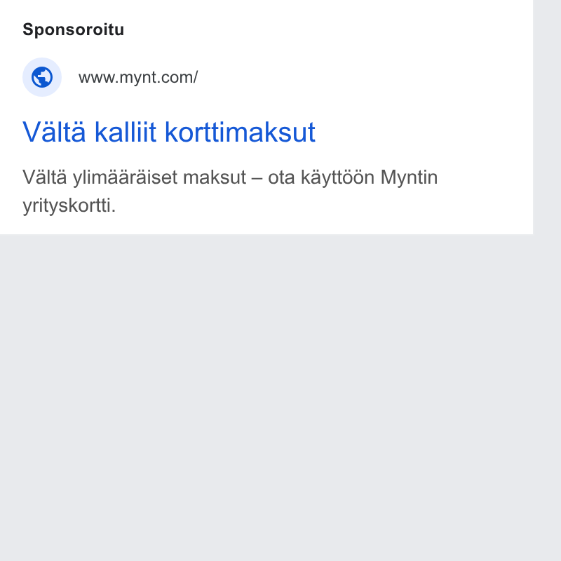 Mynt ad on Google Ads: Valta kalliit korttimaksut Valta ylimaaraiset maksut — ota kaytt66n Myntin yrityskortti.