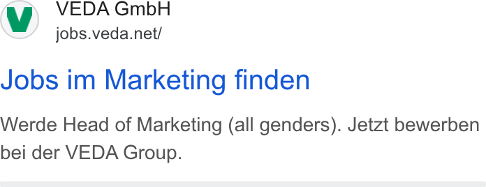 VEDA ad on Google Ads: Jobs im Marketing finden Werde Head of Marketing (all genders). Jetzt bewerben bei der VEDA Group.