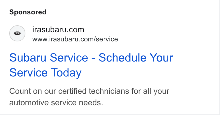 Xtime ad on Google Ads: www.irasubaru.com/service Subaru Service - Schedule Your Service Today Count on our certified technicians for all your automotive service needs.