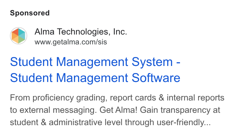 Alma ad on Google Ads: Student Management System - Student Management Software From proficiency grading, report cards & internal reports to external messaging. Get Alma! Gain transparency at student & administrative level through user-friendly...