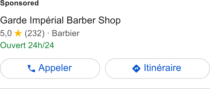 Planity ad on Google Ads: Garde Impérial Barber Shop 5,0 * (232) - Barbier Ouvert 24h/24