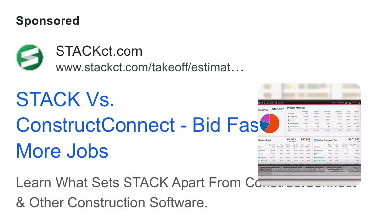 STACK Construction Technologies ad on Google Ads: ~ www-stackct.com/takeoff/estimat... STACK Vs. More Jobs Learn What Sets STACK Apart From C Other Construction Software.