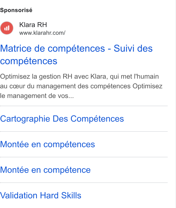 Klara ad on Google Ads: Sponsorisé Matrice de compétences - Suivi des compétences Optimisez la gestion RH avec Klara, qui met I'humain au coeur du management des compétences Optimisez le management de vos... Cartographie Des Compétences Montée en compétences Montée en compétence Validation Hard Skills