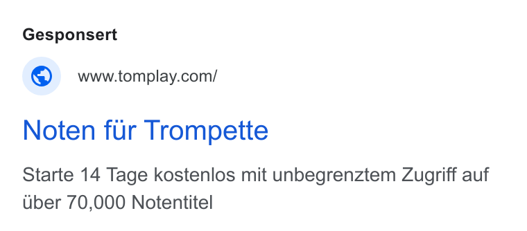 Tomplay ad on Google Ads: Noten fur Trompette Starte 14 Tage kostenlos mit unbegrenztem Zugriff auf uber 70,000 Notentitel