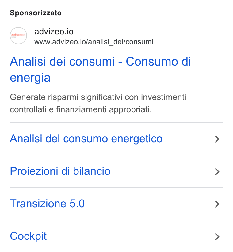 advizeo ad on Google Ads: Sponsorizzato advizeo.io www.advizeo.io/analisi_dei/consumi Analisi dei consumi - Consumo di energia Generate risparmi significativi con investimenti controllati e finanziamenti appropriati. Analisi del consumo energetico Proiezioni di bilancio Transizione 5.0 Cockpit