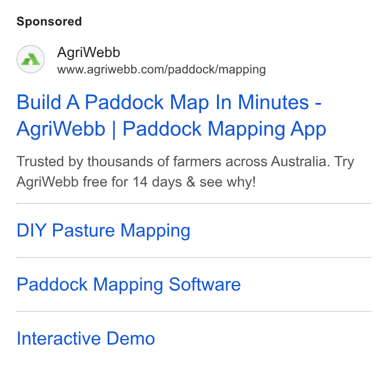 AgriWebb ad on Google Ads: Build A Paddock Map In Minutes - Agri Webb | Paddock Mapping App Trusted by thousands of farmers across Australia. Try Agri Webb free for 14 days & see why! DIY Pasture Mapping Paddock Mapping Software Interactive Demo