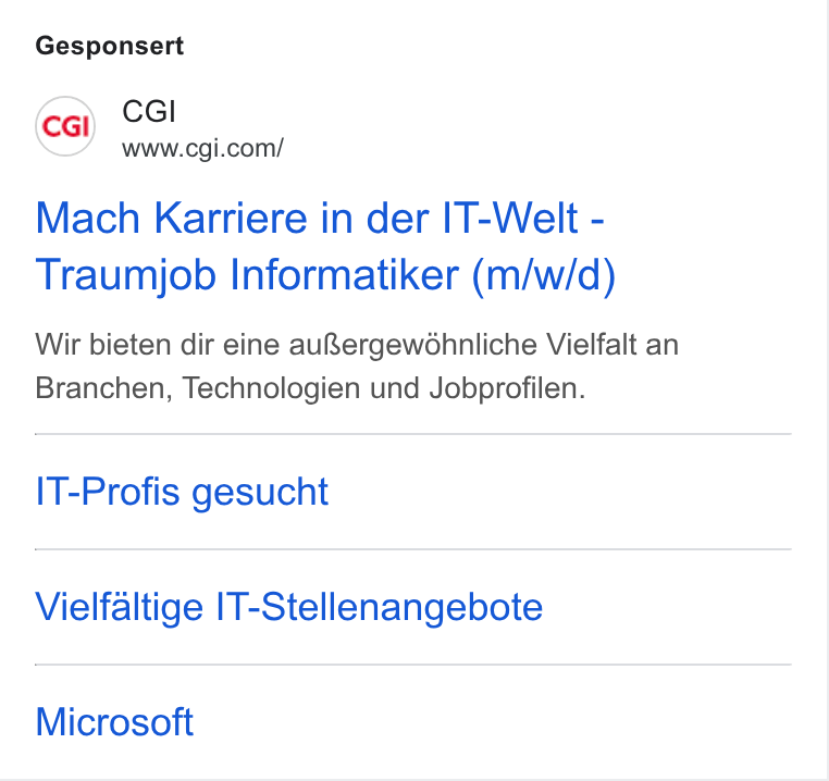 Njoyn ad on Google Ads: Gesponsert Mach Karriere in der IT-Welt - Traumjob Informatiker (m/w/d) Wir bieten dir eine au Rergewdhnliche Vielfalt an Branchen, Technologien und Jobprofilen. IT-Profis gesucht Vielfaltige IT-Stellenangebote Microsoft