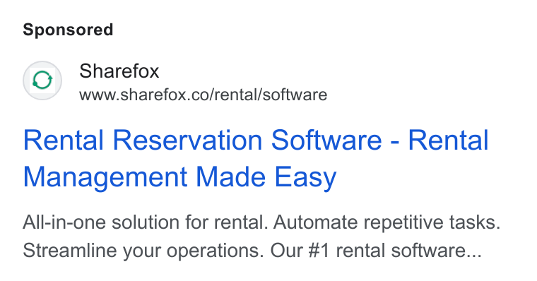 SHAREFOX.CO ad on Google Ads: Rental Reservation Software - Rental Management Made Easy All-in-one solution for rental. Automate repetitive tasks. Streamline your operations. Our #1 rental software...