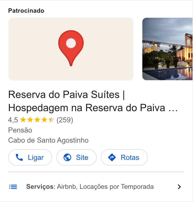 LearnTube.ai ad on Google Ads: Patrocinado | Reserva do Paiva Suites | Hospedagem na Reserva do Paiva ... 4,5 ke Ok & (259) Pensao Cabo de Santo Agostinho Ligar }{ © Site )( Rotas } = _—s Servigos: Airbnb, Locagées por Temporada >