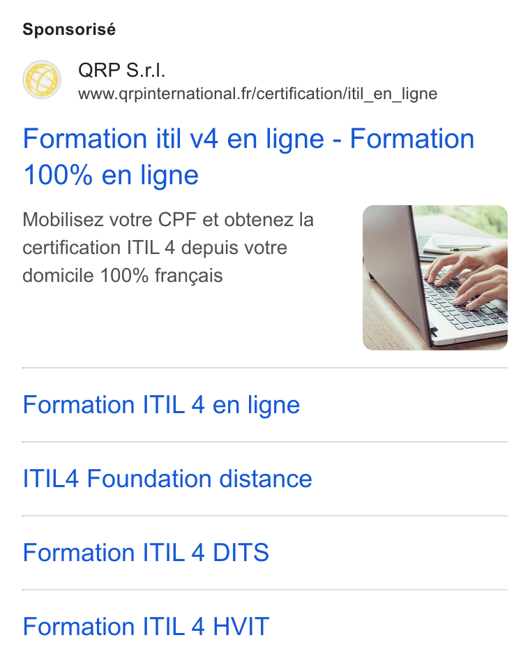 aNewSpring ad on Google Ads: Sponsorisé Formation itil v4 en ligne - Formation 100% en ligne Mobilisez votre CPF et obtenez la certification ITIL 4 depuis votre domicile 100% frangais Formation ITIL 4 en ligne ITIL4 Foundation distance Formation ITIL 4 DITS Formation ITIL 4 HVIT