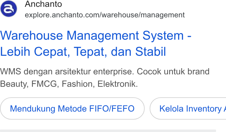 Anchanto ad on Google Ads: Warehouse Management System - Lebih Cepat, Tepat, dan Stabil WMS dengan arsitektur enterprise. Cocok untuk brand Beauty, FMCG, Fashion, Elektronik. Mendukung Metode FIFO/FEFO )}{ Kelola Inventory /