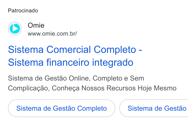 Omie ad on Google Ads: Patrocinado Sistema Comercial Completo - Sistema financeiro integrado Sistema de Gestdo Online, Completo e Sem Complicagao, Conhega Nossos Recursos Hoje Mesmo Sistema de Gestao Completo }( Sistema de Gestao