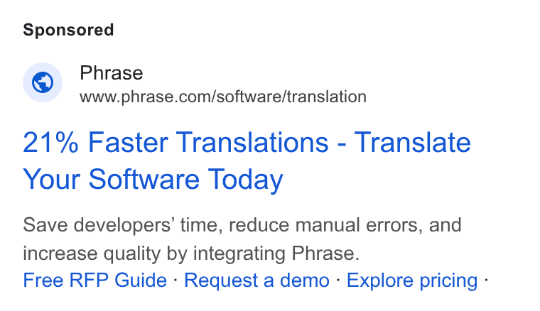 Phrase ad on Google Ads: 21% Faster Translations - Translate Your Software Today Save developers’ time, reduce manual errors, and increase quality by integrating Phrase. Free RFP Guide - Request a demo - Explore pricing -