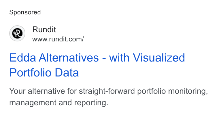 Rundit ad on Google Ads: Edda Alternatives - with Visualized Portfolio Data Your alternative for straight-forward portfolio monitoring, management and reporting.