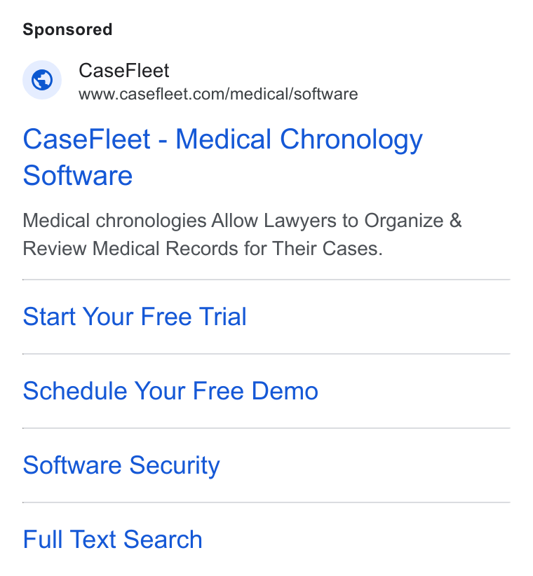 Casefleet ad on Google Ads: Case Fleet - Medical Chronology Software Medical chronologies Allow Lawyers to Organize & Review Medical Records for Their Cases. Start Your Free Trial Schedule Your Free Demo Software Security Full Text Search