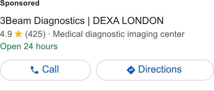 Acuity Scheduling ad on Google Ads: 3Beam Diagnostics | DEXA LONDON 4.9 ¥ (425) - Medical diagnostic imaging center Open 24 hours