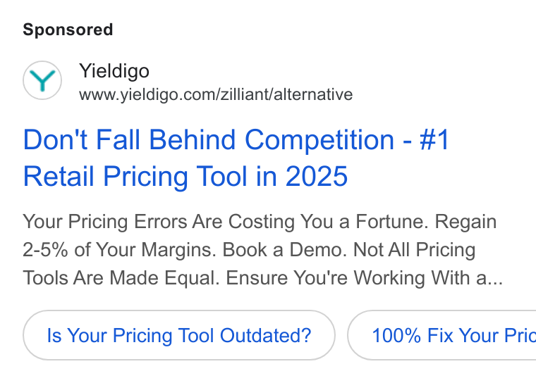 Yieldigo ad on Google Ads: Don't Fall Behind Competition - #1 Retail Pricing Tool in 2025 Your Pricing Errors Are Costing You a Fortune. Regain 2-5% of Your Margins. Book a Demo. Not All Pricing Tools Are Made Equal. Ensure You're Working With a... Is Your Pricing Tool Outdated? } ( 100% Fix Your Pric