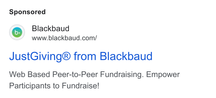 Blackbaud ad on Google Ads: Just Giving® from Blackbaud Web Based Peer-to-Peer Fundraising. Empower Participants to Fundraise!
