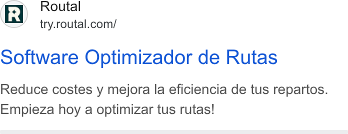 Routal ad on Google Ads: Software Optimizador de Rutas Reduce costes y mejora la eficiencia de tus repartos. Empieza hoy a optimizar tus rutas!