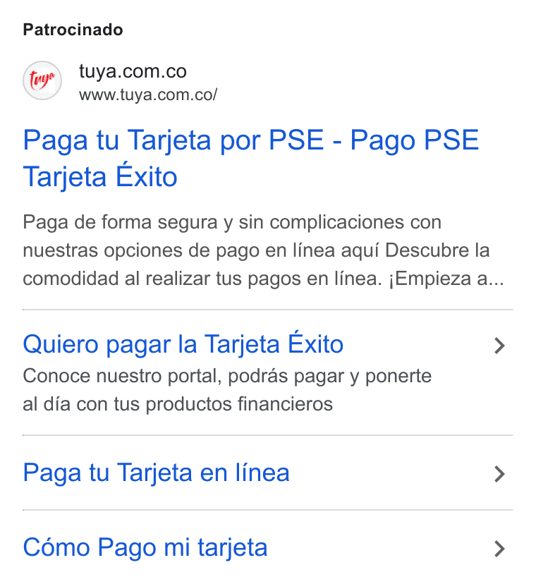 Tuya ad on Google Ads: www.tuya.com.co/ Paga tu Tarjeta por PSE - Pago PSE Tarjeta Exito Paga de forma segura y sin complicaciones con nuestras opciones de pago en linea aqui Descubre la comodidad al realizar tus pagos en linea. j Empieza a... Quiero pagar la Tarjeta Exito Conoce nuestro portal, podras pagar y ponerte al dia con tus productos financieros Paga tu Tarjeta en linea Cémo Pago mi tarjeta