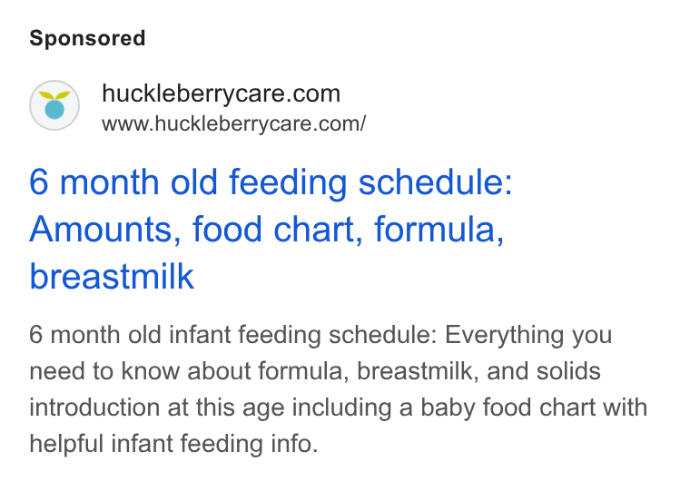 Huckleberry Labs ad on Google Ads: www.huckleberrycare.com/ 6 month old feeding schedule: Amounts, food chart, formula, breastmilk 6 month old infant feeding schedule: Everything you need to know about formula, breastmilk, and solids introduction at this age including a baby food chart with helpful infant feeding info.