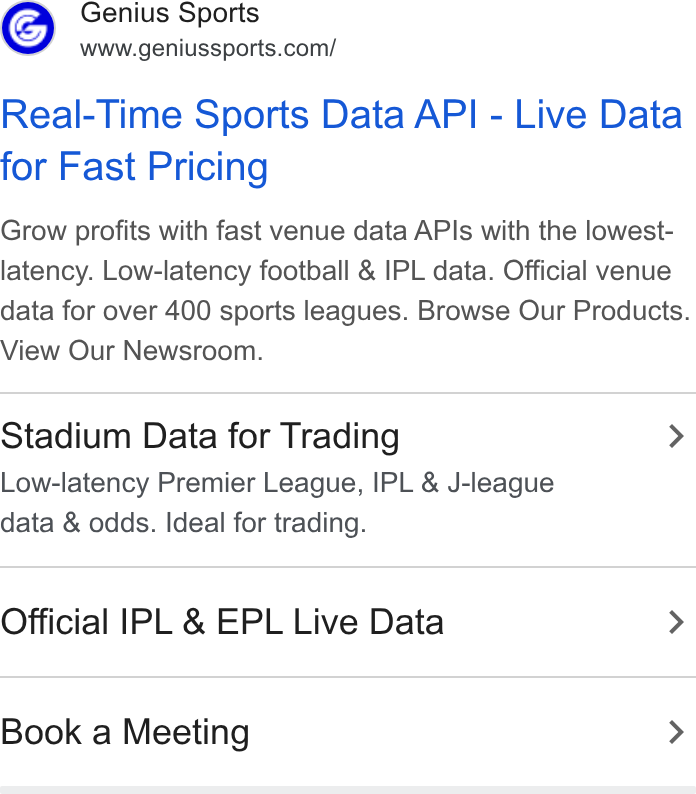 Genius Sports ad on Google Ads: Real-Time Sports Data API - Live Data for Fast Pricing Grow profits with fast venue data APIs with the lowest- latency. Low-latency football & IPL data. Official venue data for over 400 sports leagues. Browse Our Products. View Our Newsroom. Stadium Data for Trading > Low-latency Premier League, IPL & J-league data & odds. Ideal for trading. Official IPL & EPL Live Data > Book a Meeting >