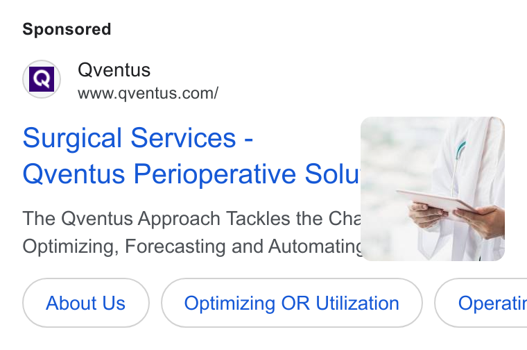 Qventus ad on Google Ads: Surgical Services - ae - sai ; Qventus Perioperative Solu, mate \ The Qventus Approach Tackles the Che * Optimizing, Forecasting and oe = ib About us ) Us ( Optimizing OR Utlization_) OR Utilization }) ( Operatir