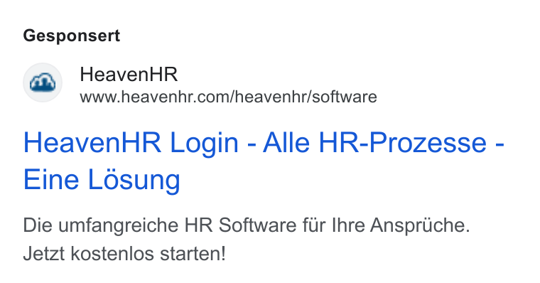 HeavenHR ad on Google Ads: Gesponsert Heaven HR Login - Alle HR-Prozesse - Eine Losung Die umfangreiche HR Software fur Ihre Anspriche. Jetzt kostenlos starten!