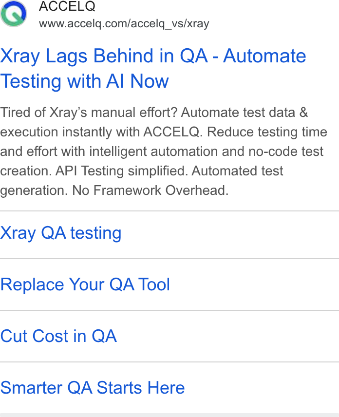 ACCELQ ad on Google Ads: Xray Lags Behind in QA - Automate Testing with Al Now Tired of Xray’s manual effort? Automate test data & execution instantly with ACCELQ. Reduce testing time and effort with intelligent automation and no-code test creation. API Testing simplified. Automated test generation. No Framework Overhead. Xray QA testing Replace Your QA Tool Cut Cost in QA Smarter QA Starts Here